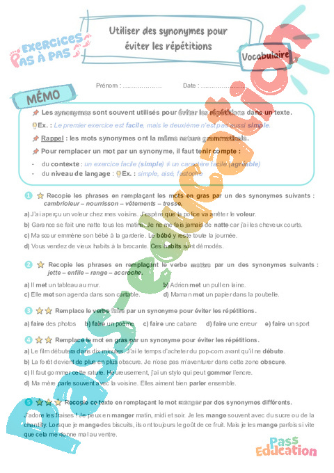Leçon, exercice et évaluation :<br/> Utiliser des synonymes : CM2