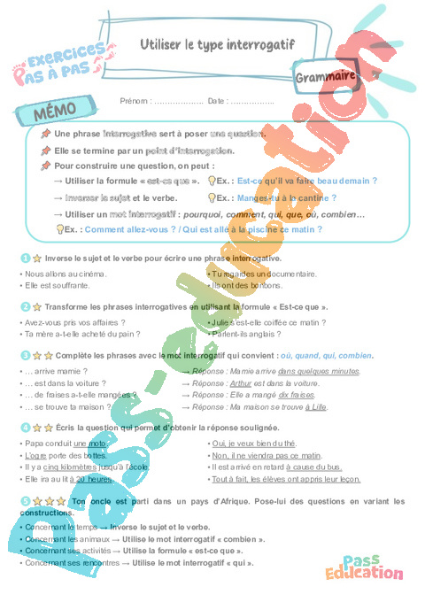 Leçon, exercice et évaluation :<br/> Utiliser le type interrogatif : CM1