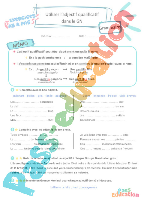 Leçon, exercice et évaluation :<br/> Utiliser les adjectifs qualificatifs : CE2
