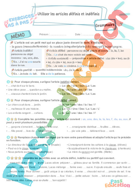Leçon, exercice et évaluation :<br/> Utiliser les articles définis et indéfinis : CE2