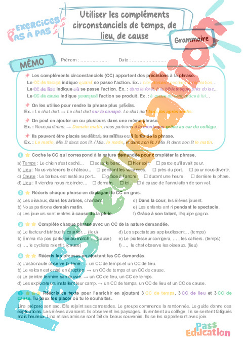 Cours et exercice : Utiliser les Compléments Circonstanciels temps, lieu, cause : 6ème
