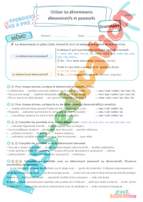 Leçon, exercice et évaluation :<br/> Utiliser les déterminants démonstratifs et possessifs : CM2