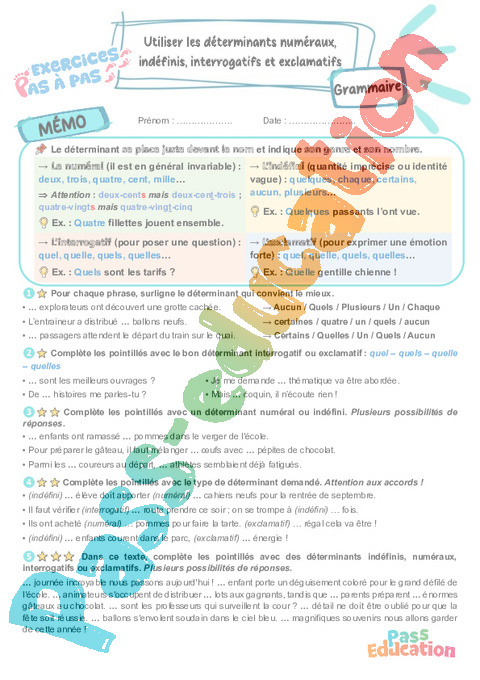 Cours et exercice : Utiliser les déterminants (numéraux, interrogatifs, indéfinis et exclamatifs) : 5ème