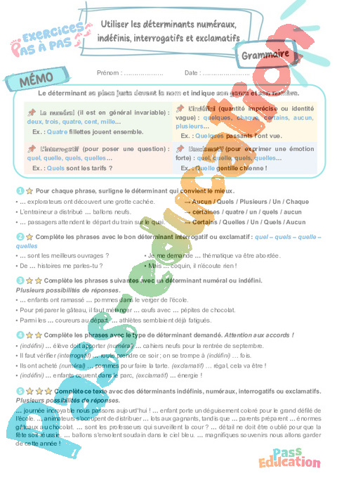 Cours et exercice : Utiliser les déterminants (numéraux, interrogatifs, indéfinis et exclamatifs) : 6ème