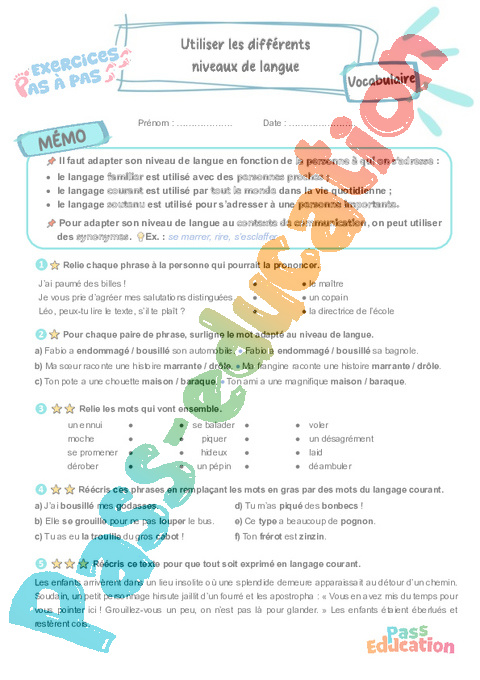 Leçon, exercice et évaluation :<br/> Utiliser les différents niveaux de langue : CM2
