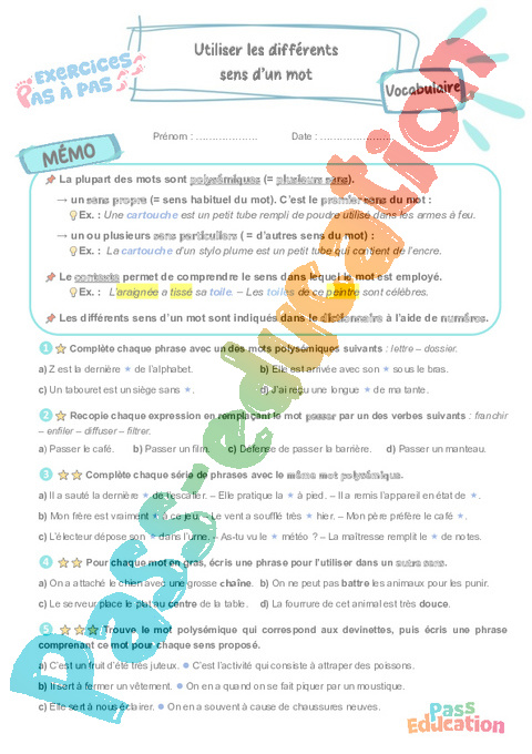 Leçon, exercice et évaluation :<br/> Utiliser les différents sens d’un mot : CM2