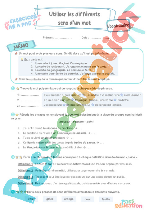 Leçon, exercice et évaluation :<br/> Utiliser les différents sens d’un mot - Sens des mots (contexte) : CE2