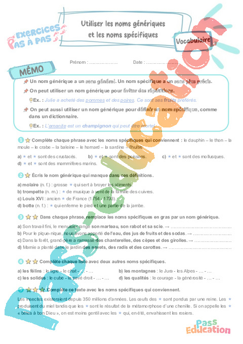 Leçon, exercice et évaluation :<br/> Utiliser les noms génériques et les noms spécifiques : CM2