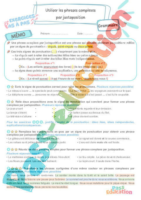 Leçon, exercice et évaluation :<br/> Utiliser les phrases complexes par juxtaposition : CM1