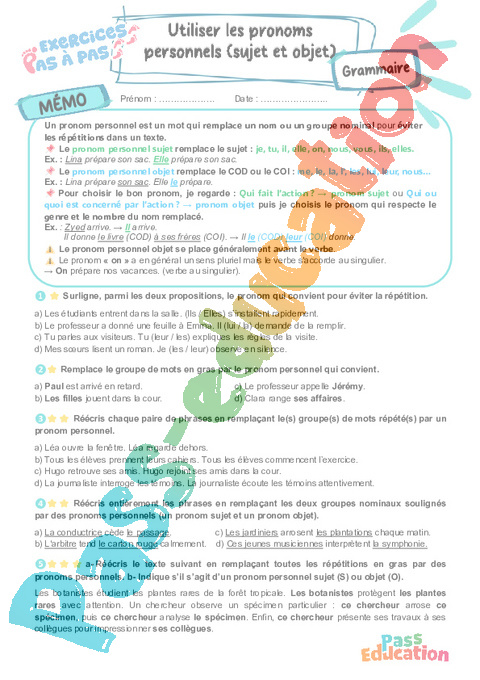 Cours et exercice : Utiliser les pronoms personnels sujets et objets : 6ème
