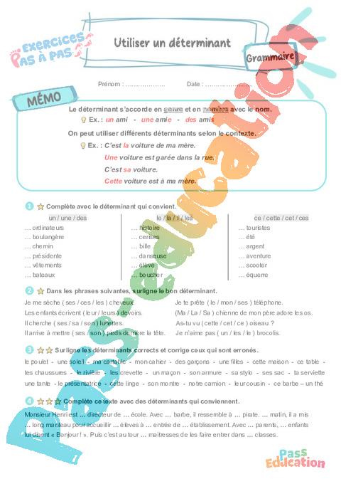 Leçon, exercice et évaluation :<br/> Utiliser un déterminant : CE2