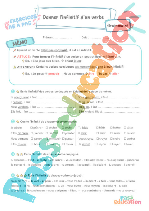 Leçon, exercice et évaluation :<br/> Verbe et son infinitif : CE2