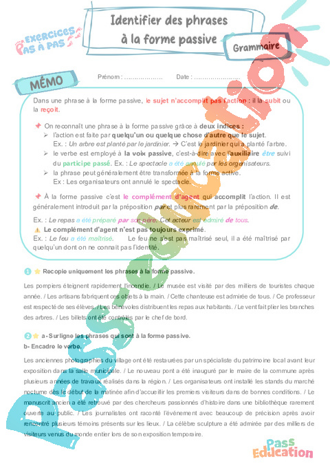 Cours et exercice : Voix passive et voix active : 5ème