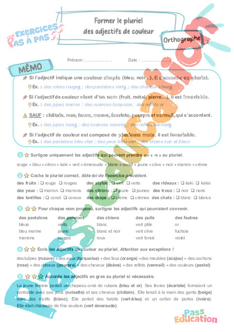 Leçon, exercice et évaluation :<br/> Former le pluriel des adjectifs de couleur : CM2