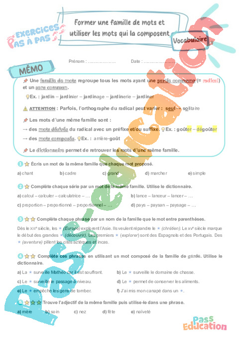 Leçon, exercice et évaluation :<br/> Former une famille de mots et l'utiliser : CM2