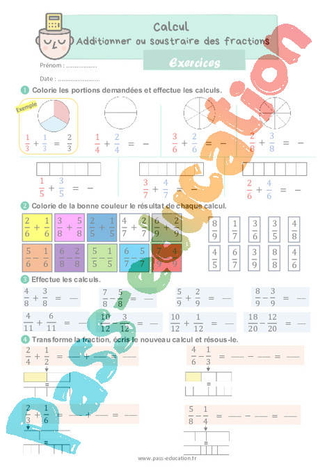Leçon, exercice et évaluation :<br/> Fractions : CE2