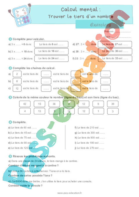 Leçon, exercice et évaluation :<br/> Fractions : CM1