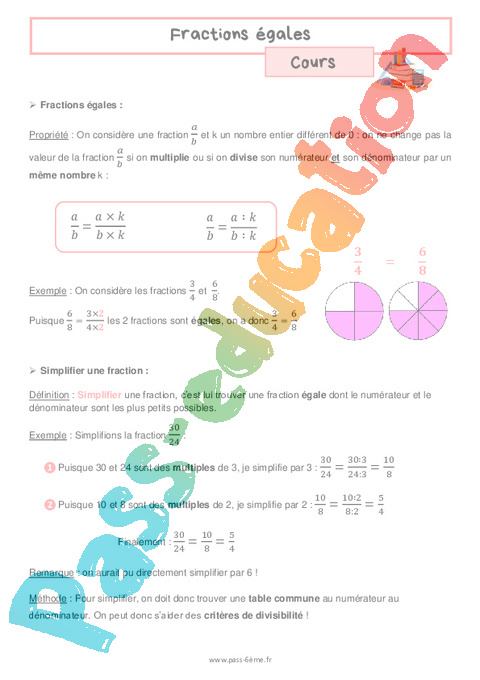 Cours et exercice : Fractions égales Produit en croix : 6ème