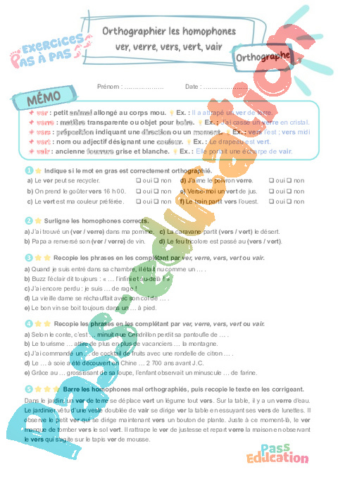 Leçon, exercice et évaluation :<br/> Homophones lexicaux : CM2