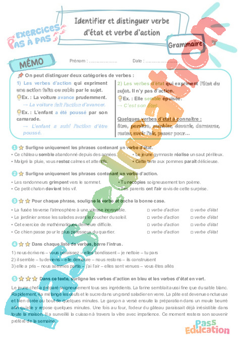 Leçon, exercice et évaluation :<br/> Identifier et distinguer verbe d’état et verbe d’action : CM2