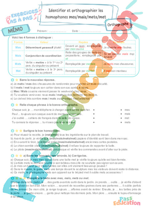 Cours et exercice : Identifier et orthographier les homophones mes/mais/mets/met : 6ème