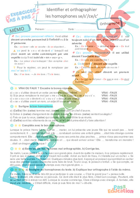 Cours et exercice : Identifier et orthographier les homophones se/s’/ce/c’ : 6ème