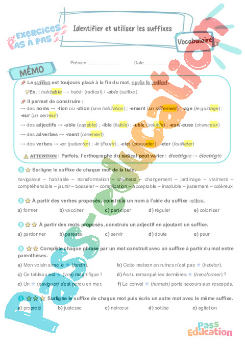 Leçon, exercice et évaluation :<br/> Identifier et utiliser les suffixes : CM2
