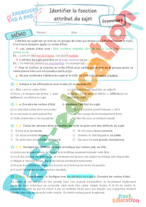 Cours et exercice : Identifier la fonction attribut du sujet (GN ou adjectif) : 6ème