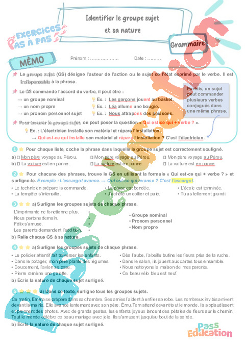 Leçon, exercice et évaluation :<br/> Identifier le groupe sujet et sa nature : CM1