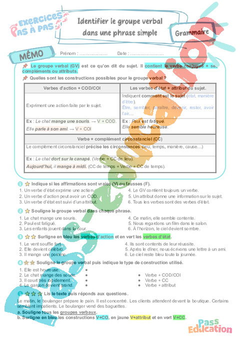 Cours et exercice : Identifier le groupe verbal dans une phrase simple : 6ème