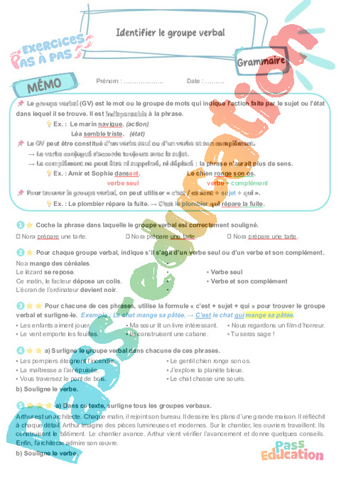Leçon, exercice et évaluation :<br/> Identifier le groupe verbal : CM1