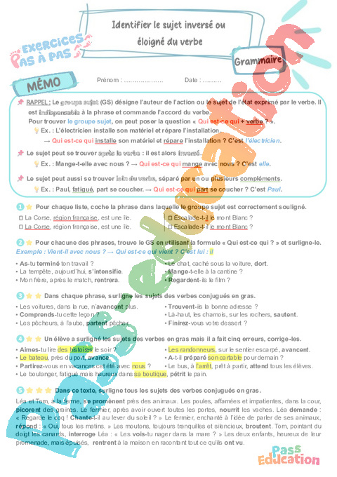 Leçon, exercice et évaluation :<br/> Identifier le sujet inversé ou éloigné du verbe : CM1
