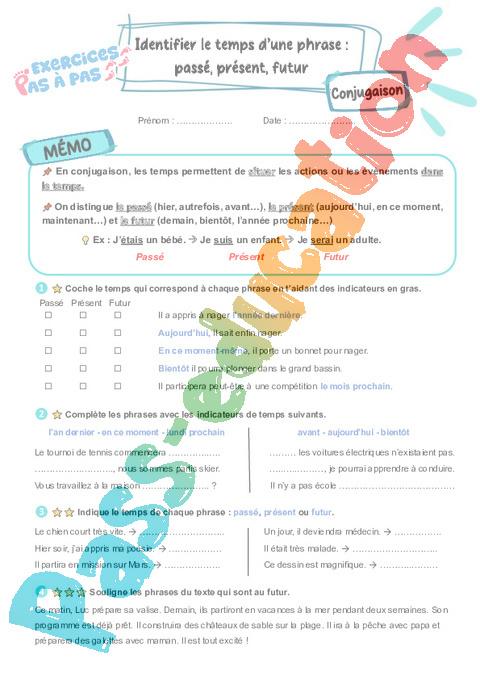 Leçon, exercice et évaluation :<br/> Identifier le temps d’une phrase : CE2