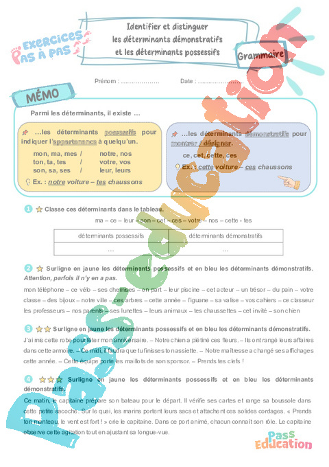 Leçon, exercice et évaluation :<br/> Identifier les déterminants démonstratifs et possessifs : CE2