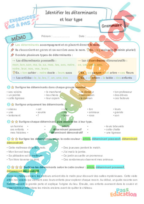 Leçon, exercice et évaluation :<br/> Identifier les déterminants et leur type : CM1