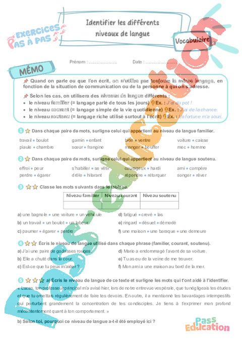 Leçon, exercice et évaluation :<br/> Identifier les différents niveaux de langue : CM2