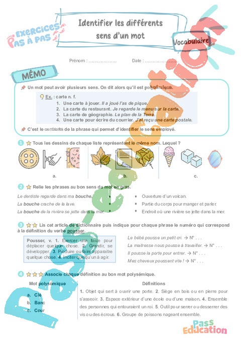 Leçon, exercice et évaluation :<br/> Identifier les différents sens d’un mot - Sens des mots (contexte) : CE2