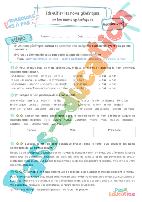 Leçon, exercice et évaluation :<br/> Identifier les noms génériques et les noms spécifiques : CM2