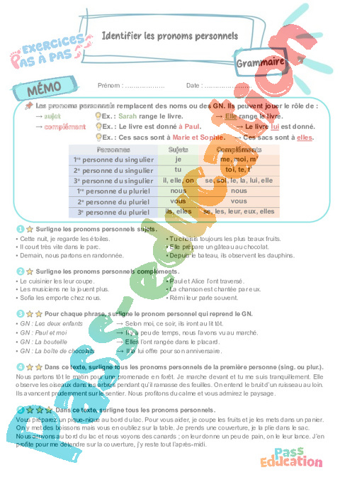 Leçon, exercice et évaluation :<br/> Identifier les pronoms personnels : CM2
