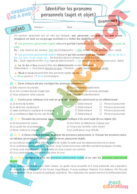 Cours et exercice : Identifier les pronoms personnels (sujet et objet) : 6ème