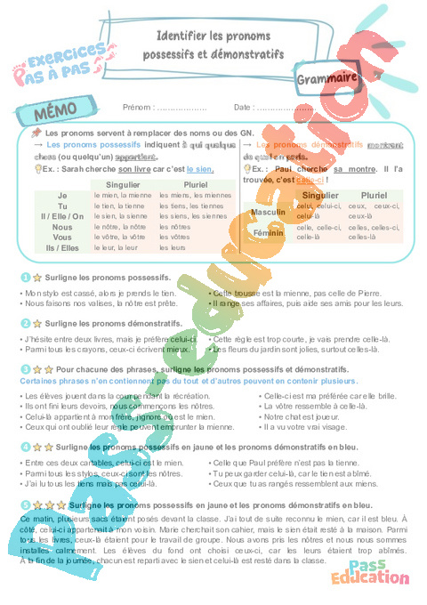 Leçon, exercice et évaluation :<br/> Identifier les pronoms possessifs et démonstratifs : CM2