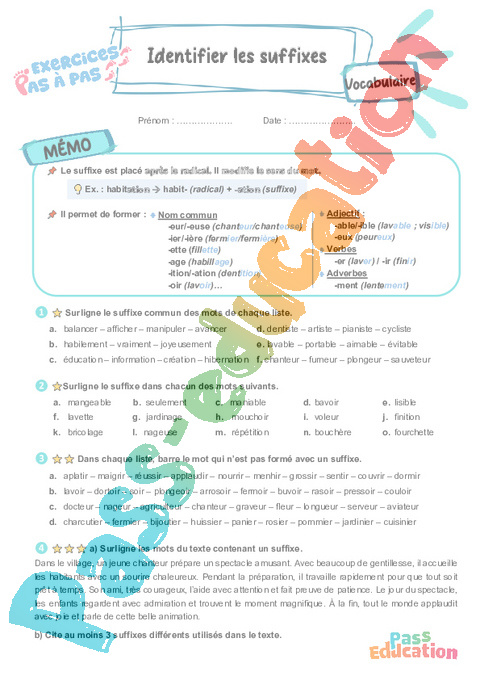 Leçon, exercice et évaluation :<br/> Identifier les suffixes : CE2