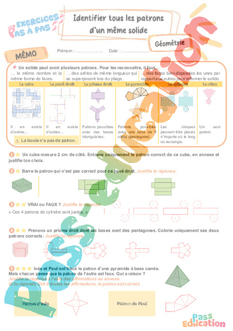 Leçon, exercice et évaluation :<br/> Identifier tous les patrons d’un même solide : CM2
