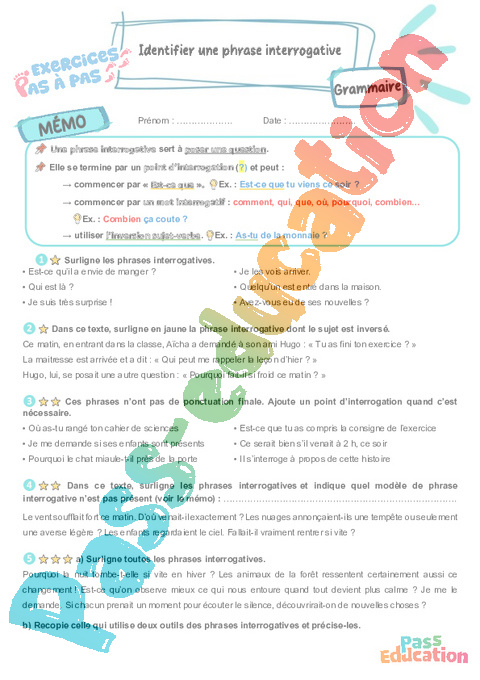 Leçon, exercice et évaluation :<br/> Identifier une phrase interrogative : CM2