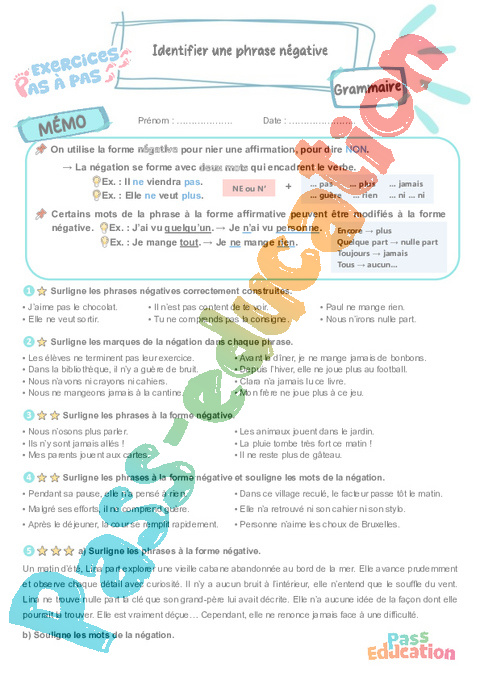 Leçon, exercice et évaluation :<br/> Identifier une phrase négative : CM2