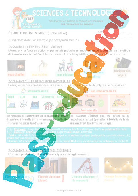 Leçon, exercice et évaluation :<br/> L'énergie : CM2