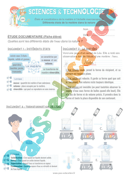 Leçon, exercice et évaluation :<br/> La matière : CM1