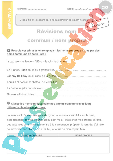 Leçon, exercice et évaluation :<br/> Les noms : CE2