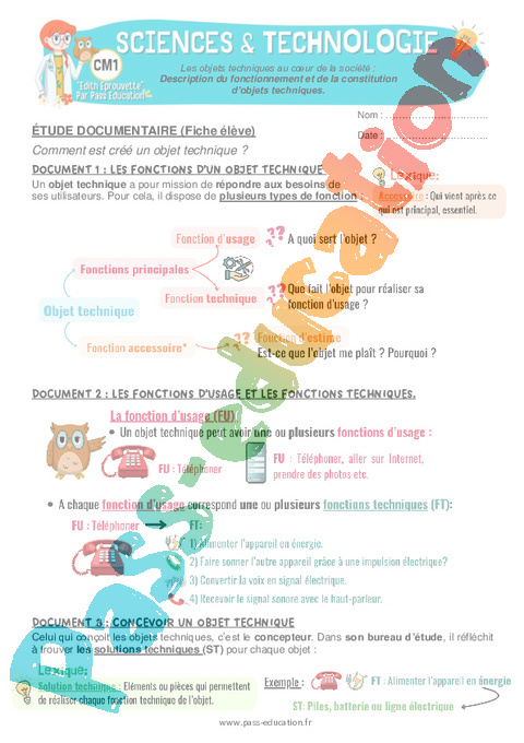 Leçon, exercice et évaluation :<br/> Les objets techniques au cœur de la société : CM1