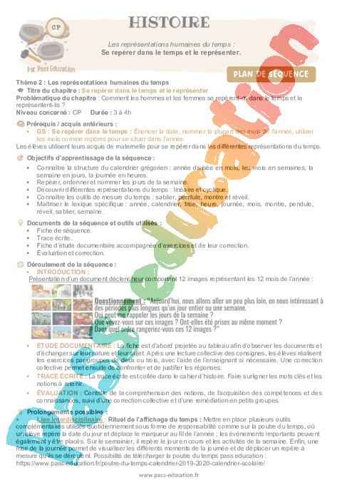 Leçon, exercice et évaluation :<br/> Les représentations humaines du temps : CP